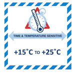 Handling Label 100mmx100mm  Time & Temperature Sensitive +15C to +25C Rolls of 250 (Code VTT15C/25C)