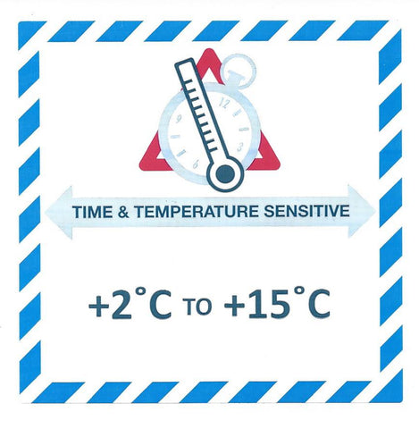 Handling Label 100mmx100mm  Time & Temperature Sensitive +2C to +15C Rolls of 250 (Code VTT2C/15C)