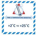 Handling Label 100mmx100mm  Time & Temperature Sensitive +2C to +25C Rolls of 250 (Code VTT2C/25C)