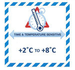 Handling Label 100mmx100mm  Time & Temperature Sensitive +2C to +8C Rolls of 250 (Code VTT2C/8C)