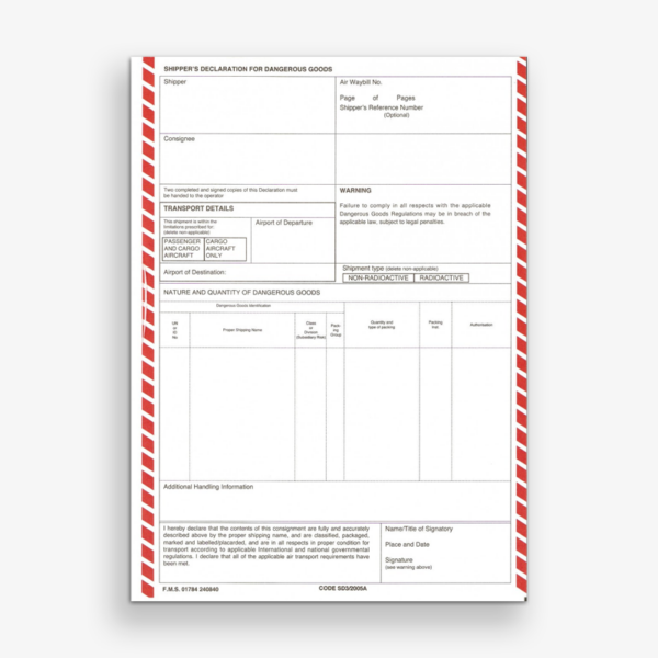 Air IATA DGN 3-Part (NCR with columns) Pack of 100 sets (Code SD3)