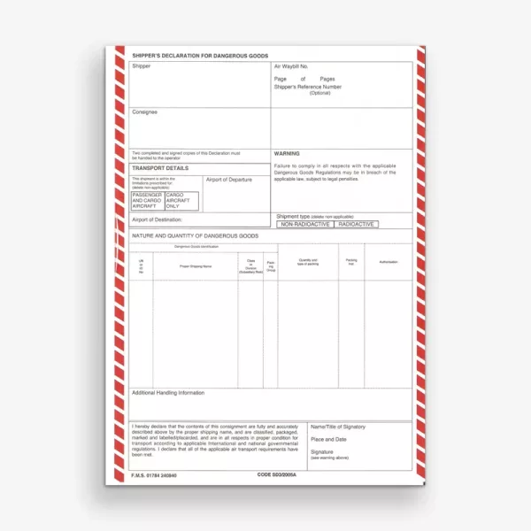 Air IATA DGN 3-Part (NCR with columns) Pack of 100 sets (Code SD3)